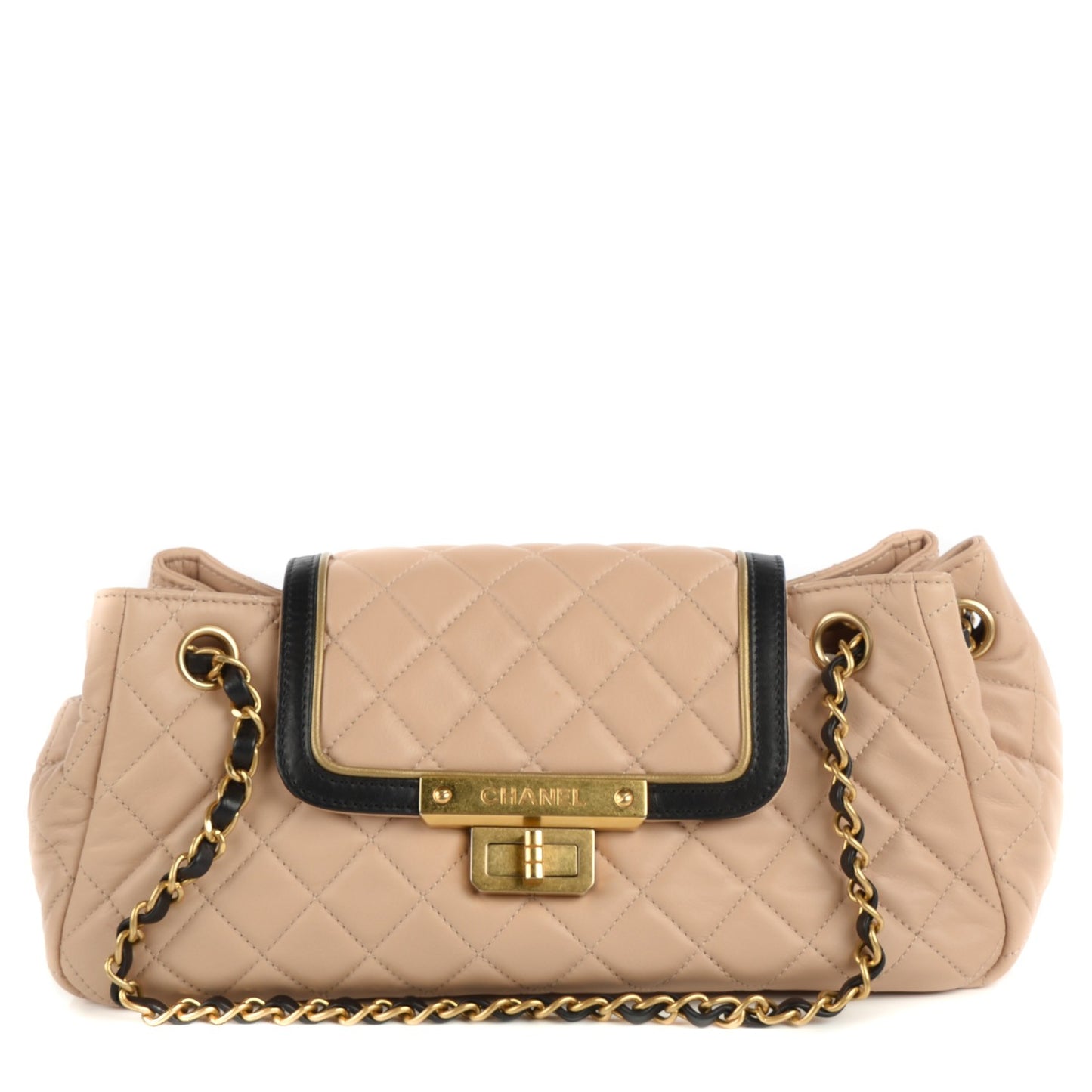Lambskin Quilted East West Accordion Flap Beige