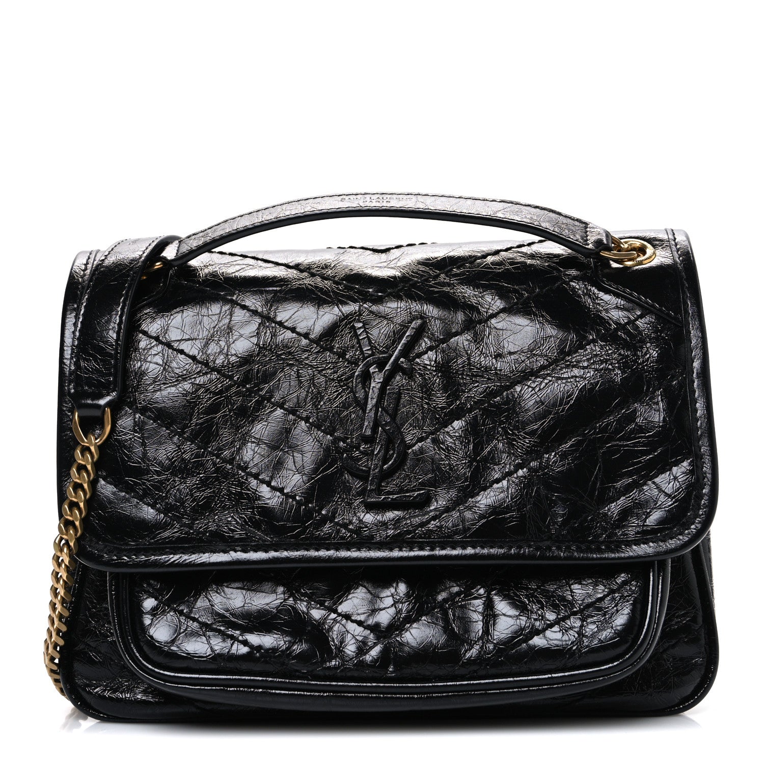 Saint Laurent Crinkled Calfskin Matelasse Monogram Baby Niki Chain Satchel Black 1 of 10