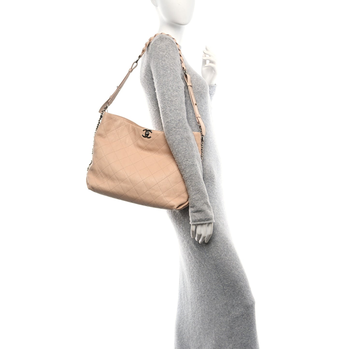 Grained Calfskin Stitched Medium Braided With Style Hobo Beige