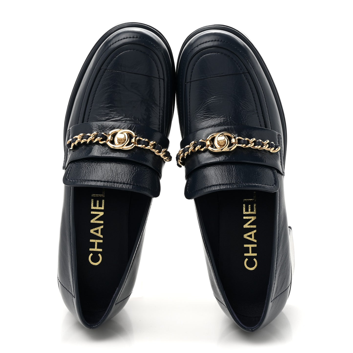 Shiny Calfskin Logo Platform  Loafers 36.5 Dark Blue