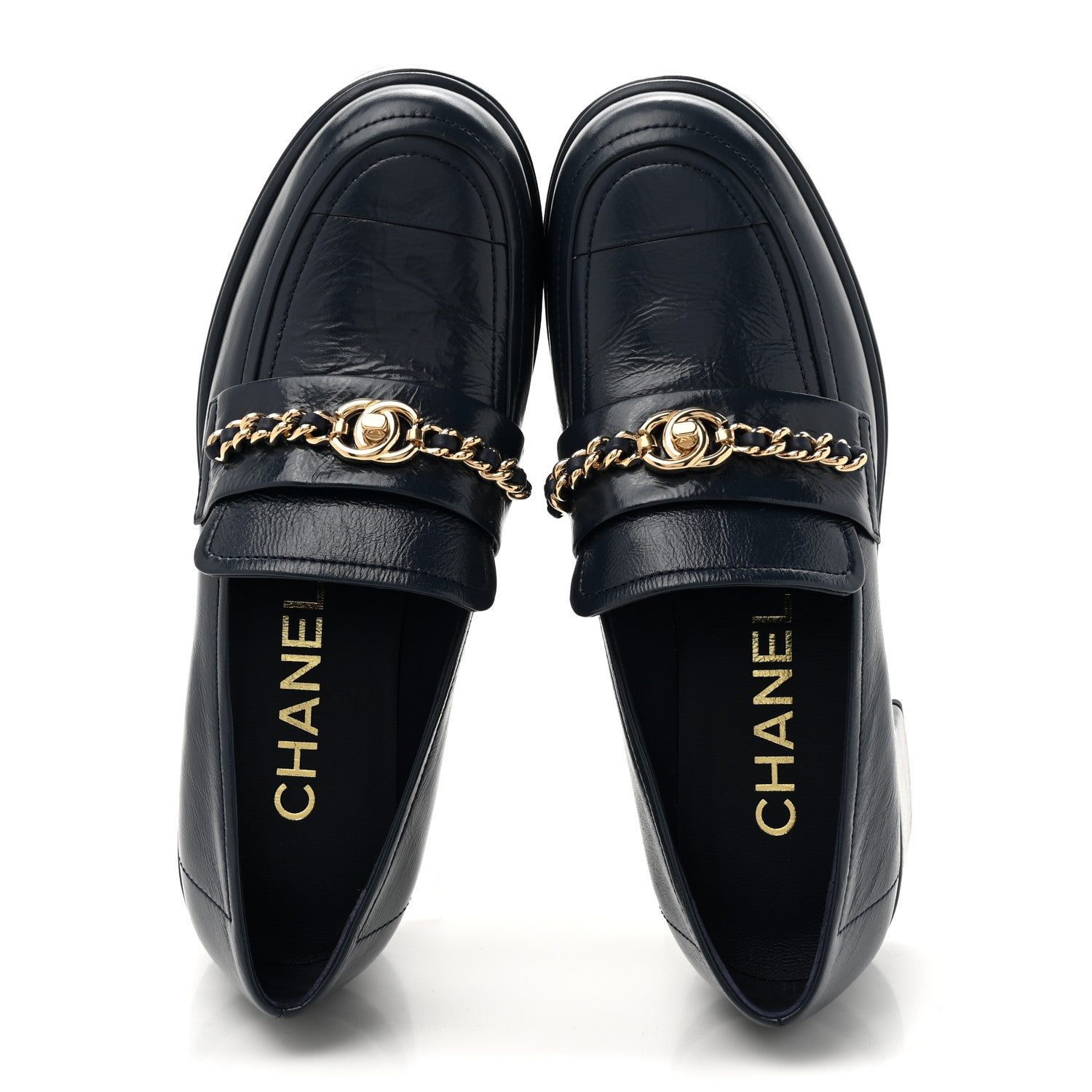 Chanel Shiny Calfskin Logo Platform  Loafers 36.5 Dark Blue 2 of 9