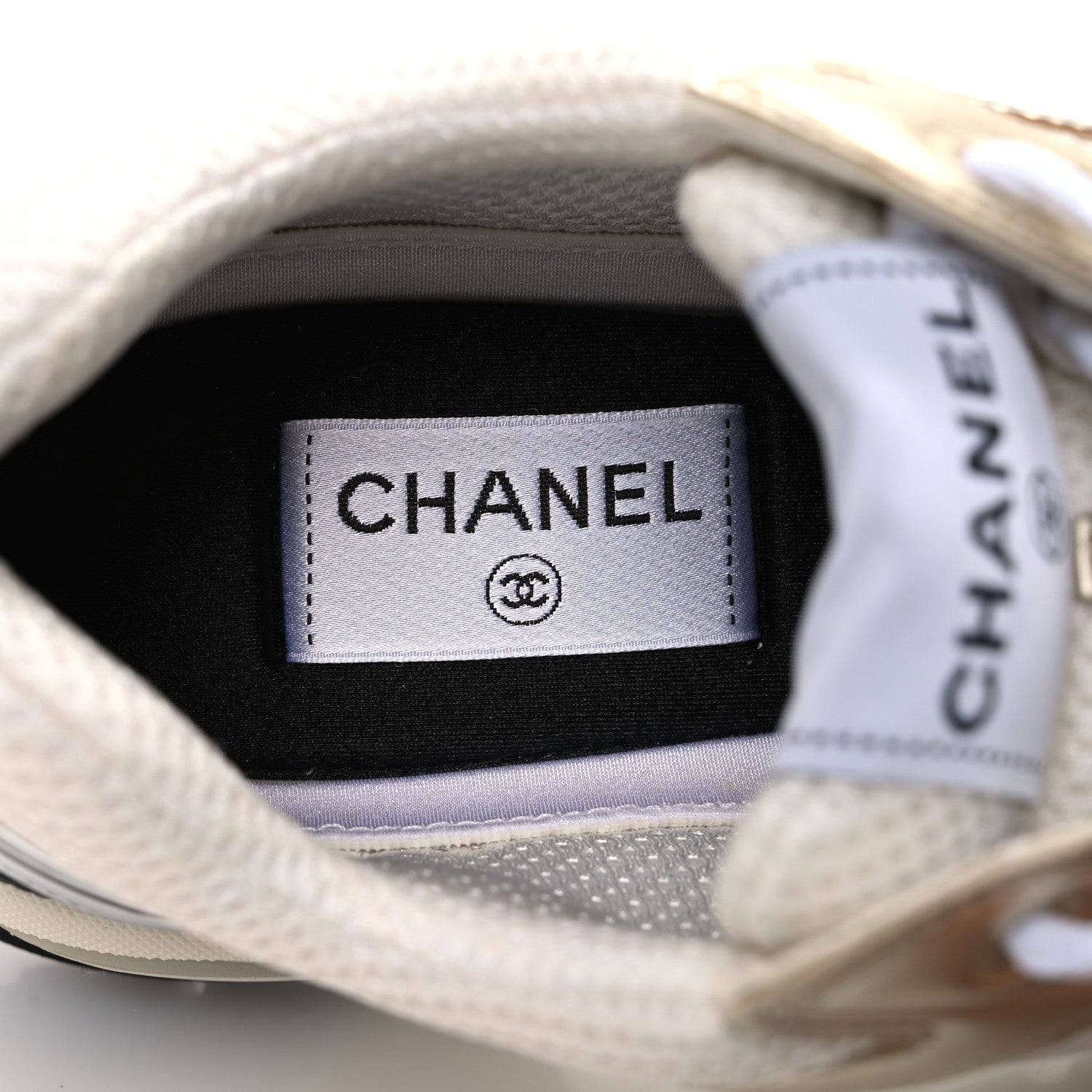 Chanel Fabric Laminated Calfskin Stretch CC Womens Sneakers 39.5 White Silver 10 of 11