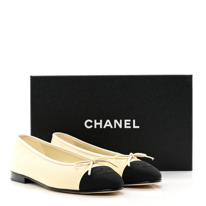 Chanel Calfskin Grosgrain Cap Toe CC Ballerina Flats 37 Ivory Black 9 of 9