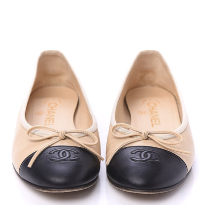 Chanel Lambskin Cap Toe CC Ballerina Flats 36.5 Beige Black 2 of 9