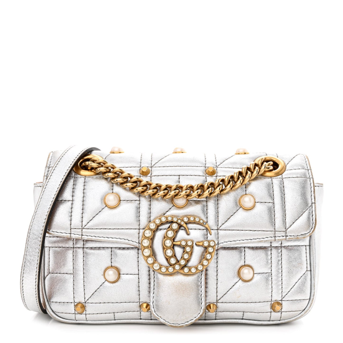 Metallic Calfskin Matelasse Studded Mini Pearly GG Marmont Shoulder Bag Silver