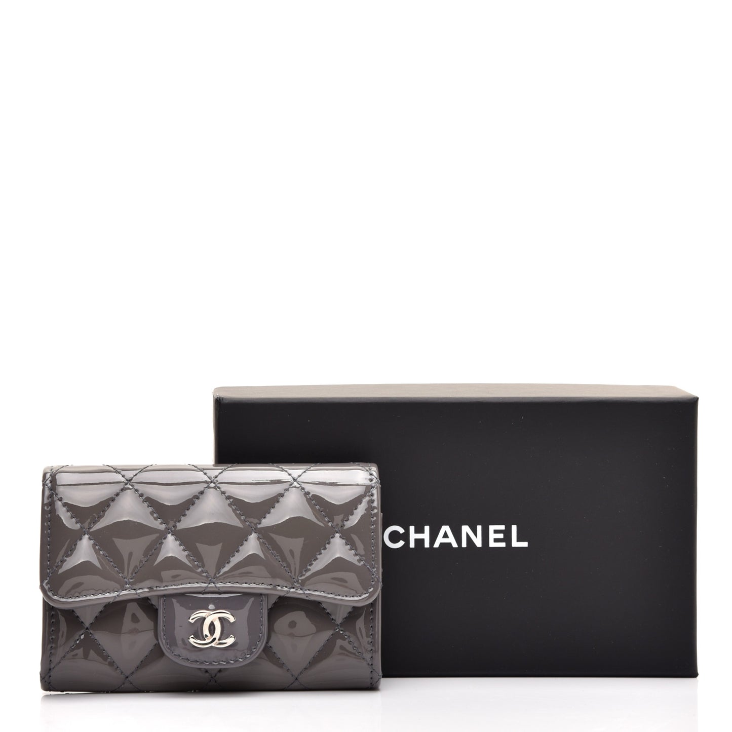 Patent Quilted Flap Card Holder Dark Grey