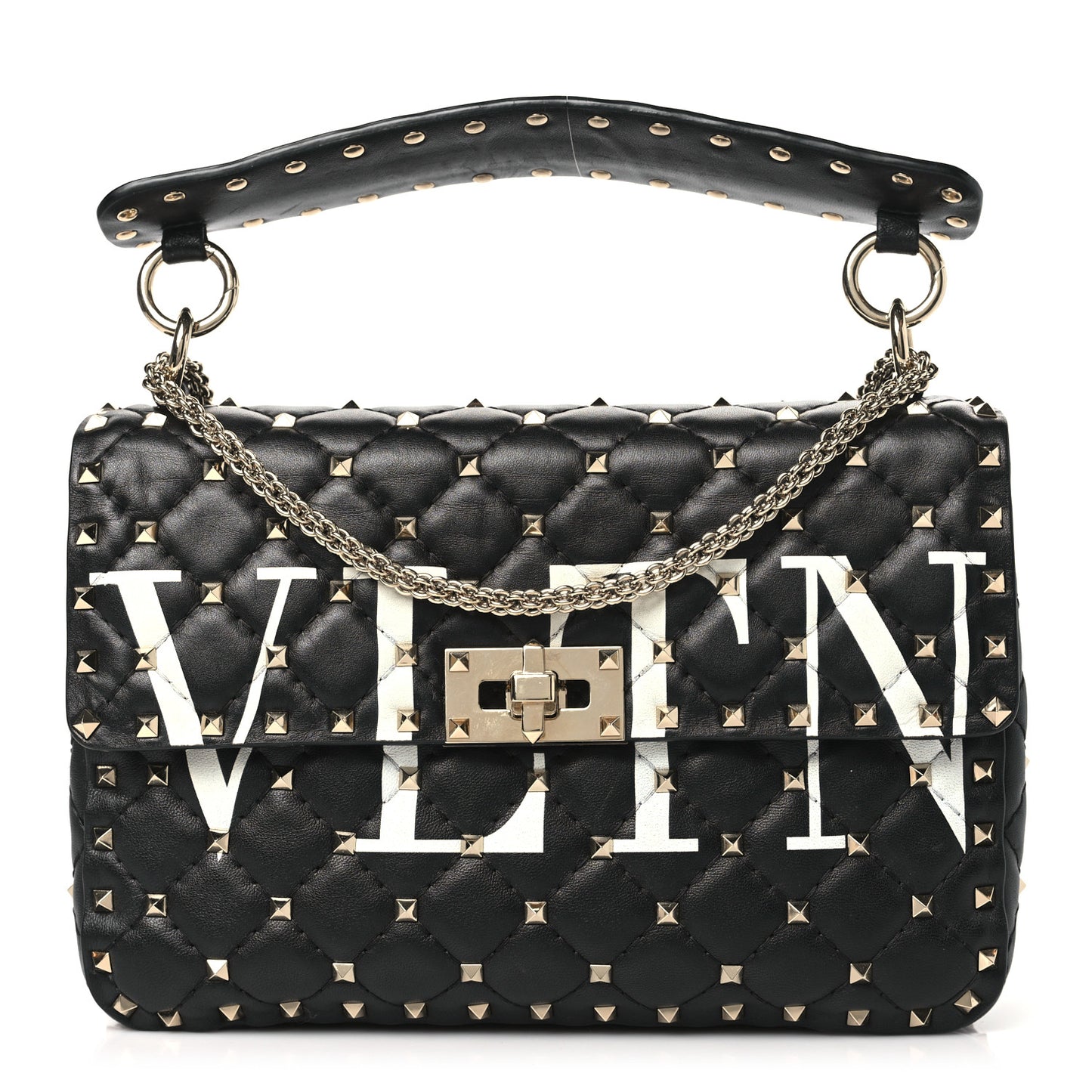Lambskin VLTN Print Medium Rockstud Spike Shoulder Bag Black