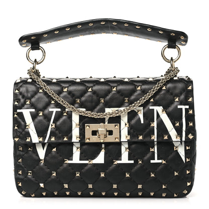 Valentino Garavani Lambskin VLTN Print Medium Rockstud Spike Shoulder Bag Black 1 of 9