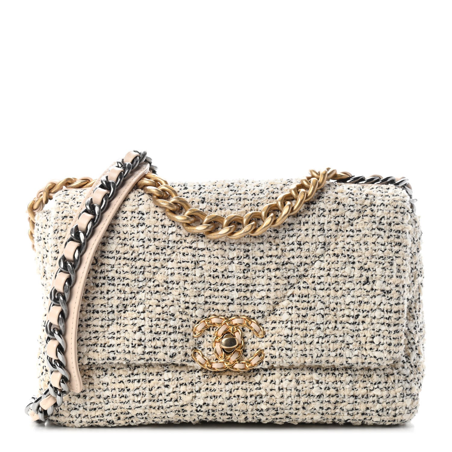 Chanel Tweed Quilted Medium Chanel 19 Flap Ecru Black 1 of 9
