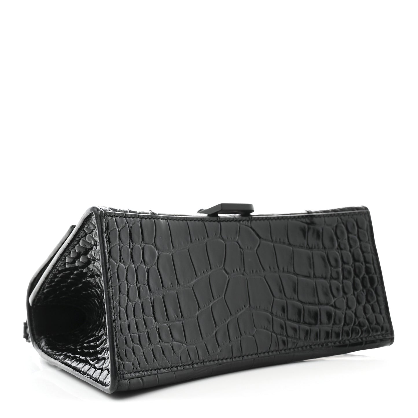 Shiny Calfskin Monochrome Crocodile Embossed Small Hourglass Top Handle Bag Black