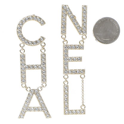 Chanel Crystal Cha-Nel Logo Drop Earrings Gold 2 of 5
