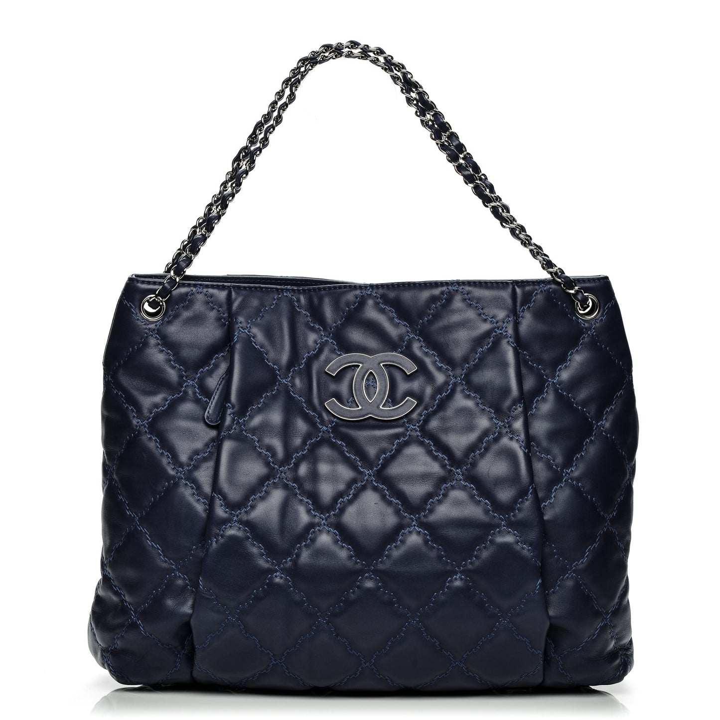 Calfskin Double Stitch Large Hamptons Shopping Tote Dark Blue