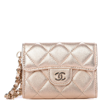 Chanel Metallic Lambskin Quilted Flap Card Holder Chain Wristlet Gold 1 of 9