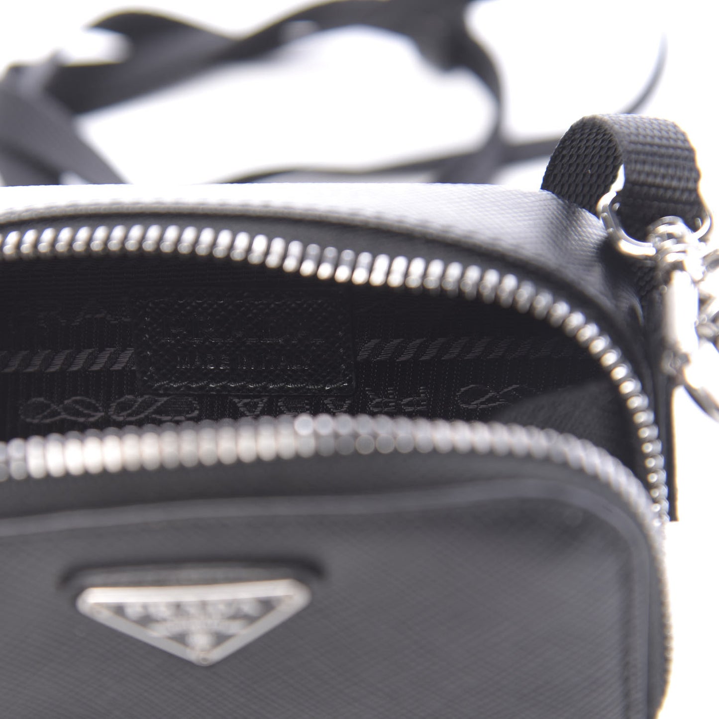Saffiano Travel Metal Triangle Logo Mini Pouch Shoulder Bag Black