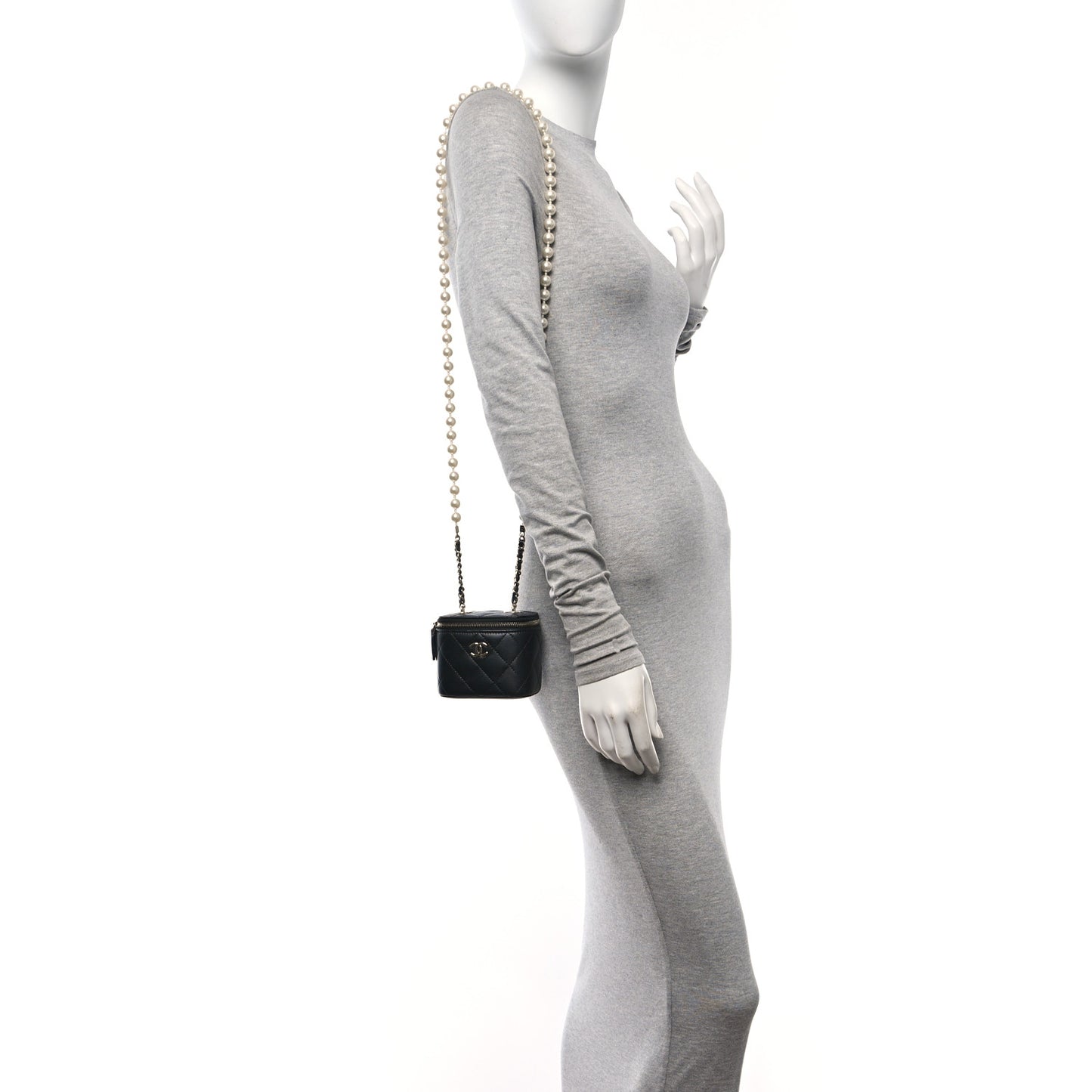 Lambskin Quilted Mini Vanity Case With Pearl Chain Black