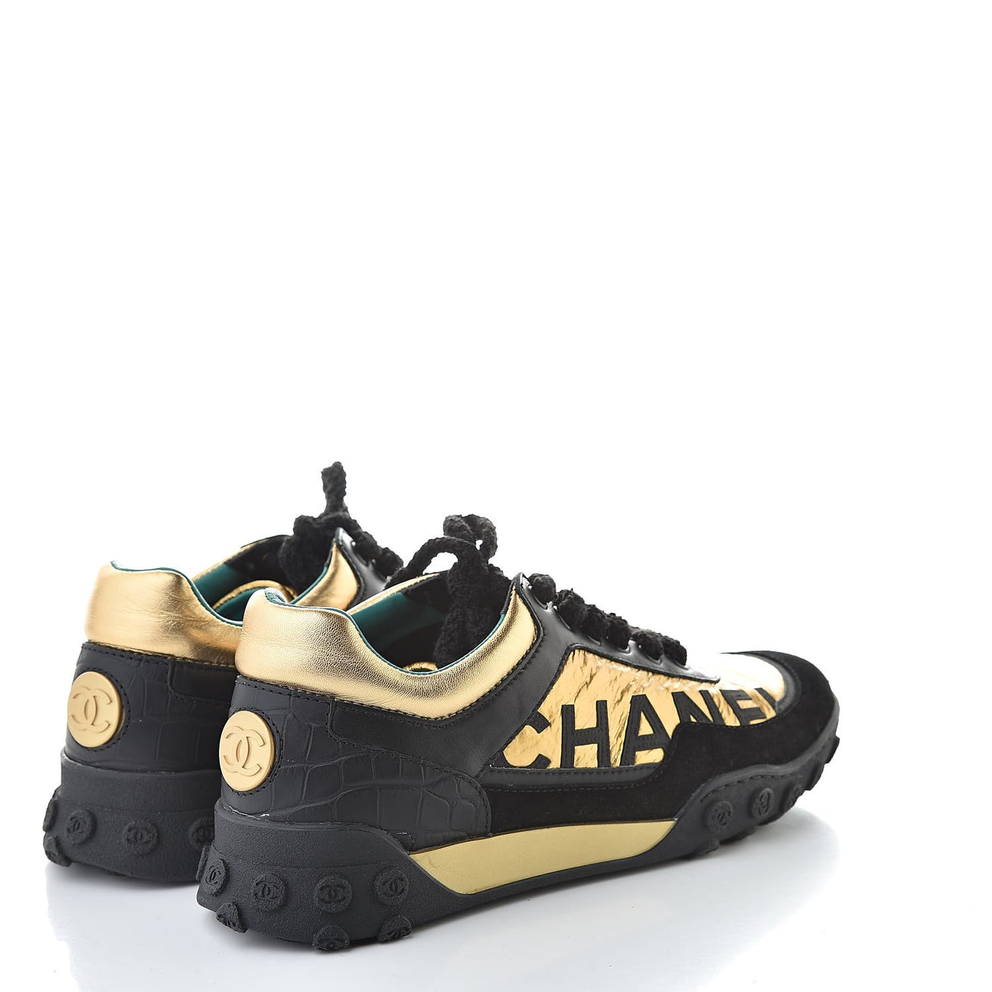 Metallic Fabric Calfskin Suede Crocodile Embossed CC Sneakers 38 Black Gold