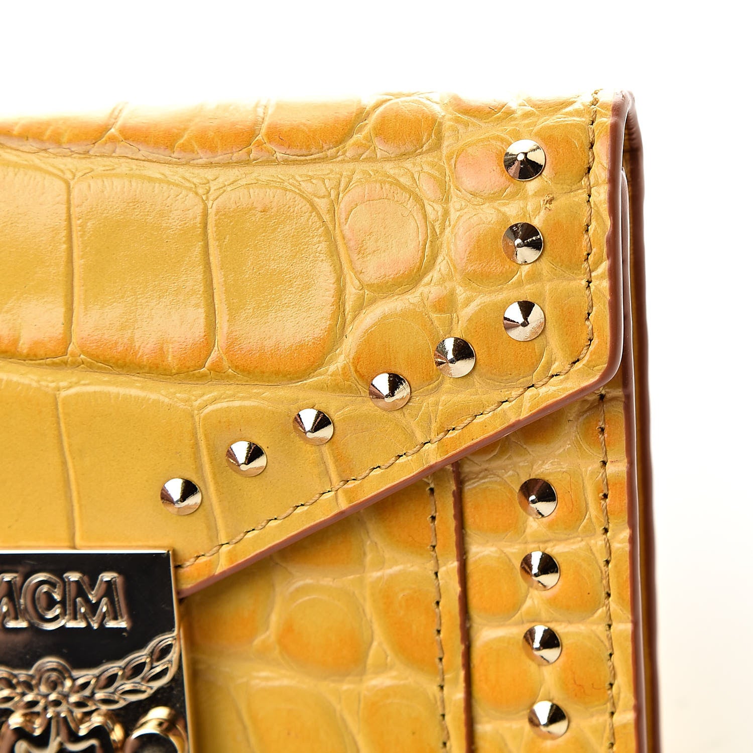 MCM Calfskin Crocodile Embossed Flap Card Holder Golden Mango 8 of 9