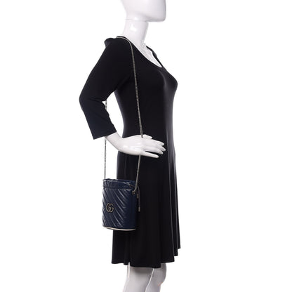 Gucci Vintage Effect Calfskin Matelasse Diagonal Mini Torchon GG Marmont 2.0 Bucket Bag Blue Agata Mystic White 2 of 9