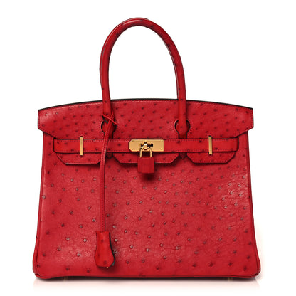 Hermes Ostrich Horseshoe Birkin 30 Rouge Vif Bleu Glacier 1 of 34