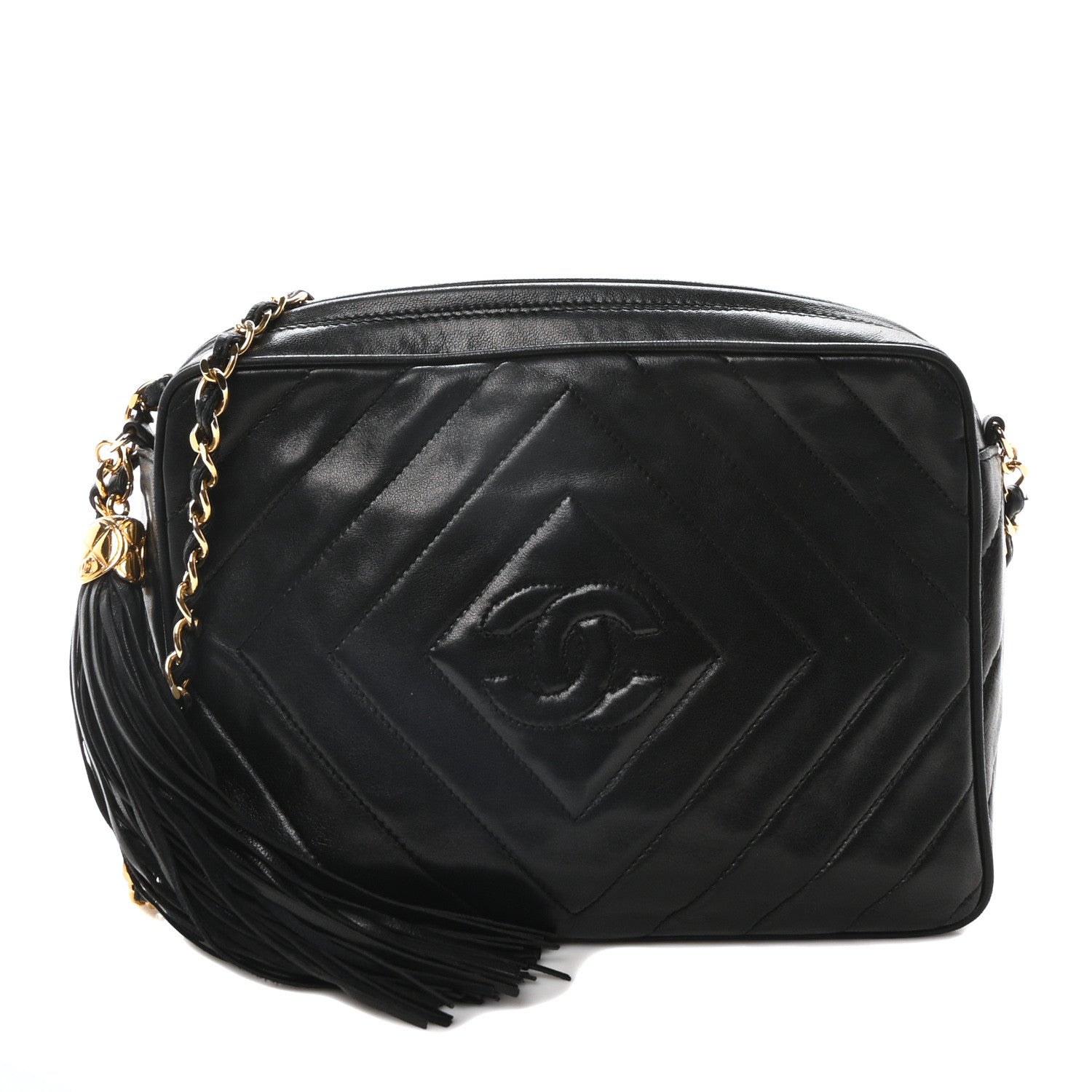 Chanel Lambskin Chevron Quilted Tassel Camera Case Black 1 of 10