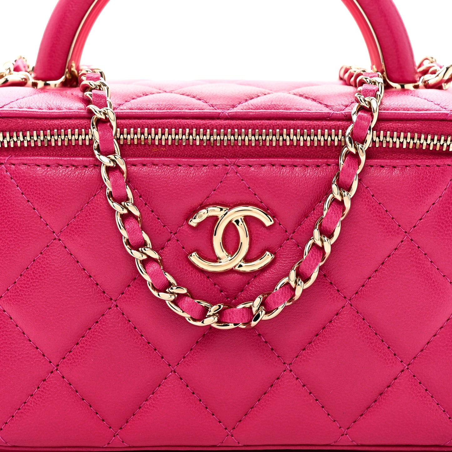 Lambskin Quilted Small Charming Top Handle Vanity Case With Chain Dark Pink