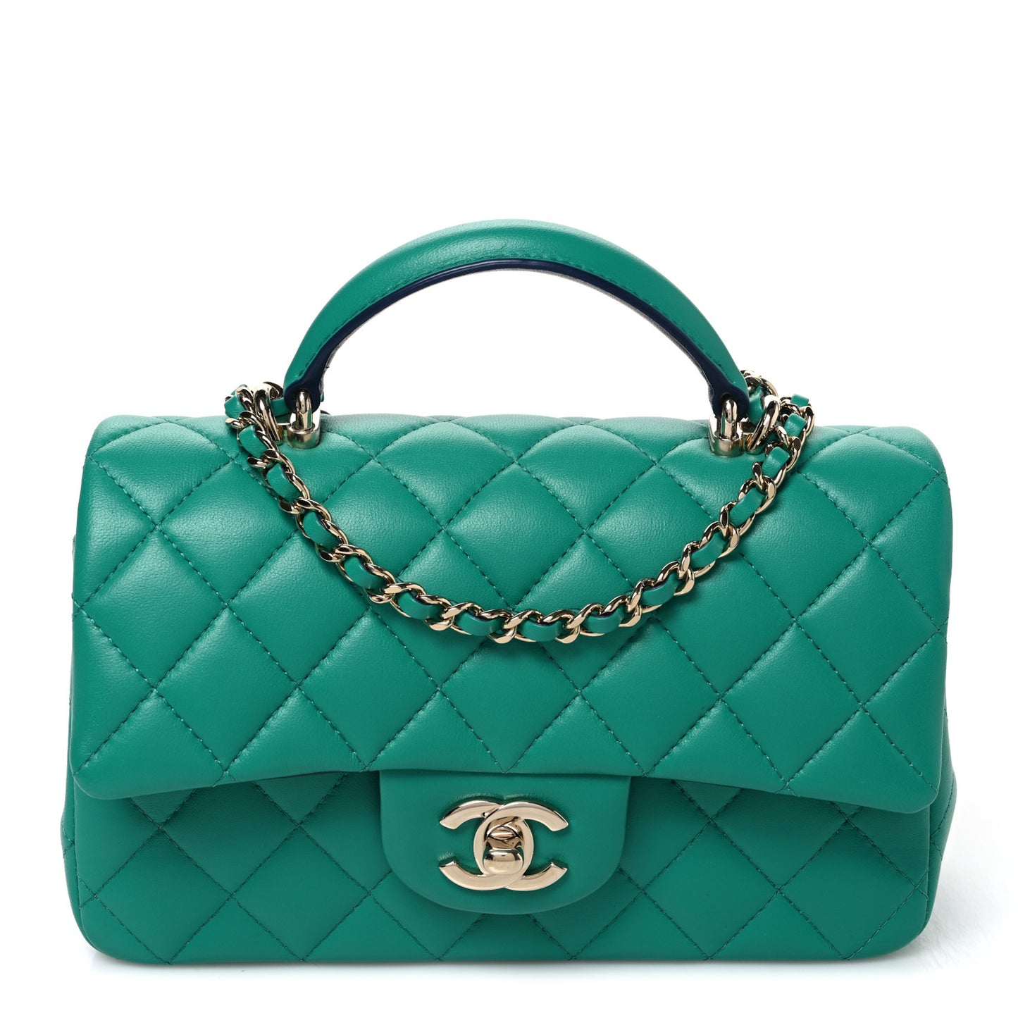Lambskin Quilted Bi-Color Mini Top Handle Rectangular Flap Green Dark Blue