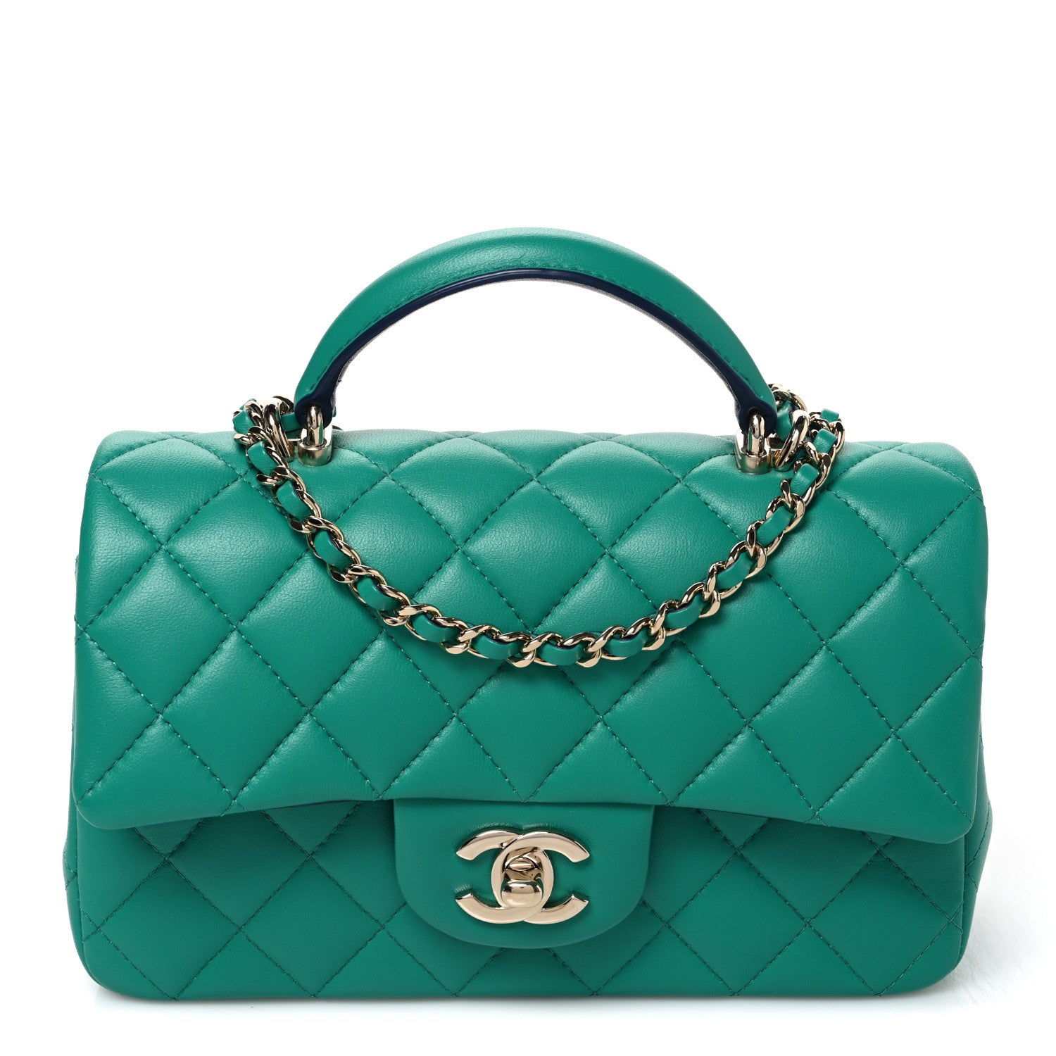 Chanel Lambskin Quilted Bi-Color Mini Top Handle Rectangular Flap Green Dark Blue 1 of 10