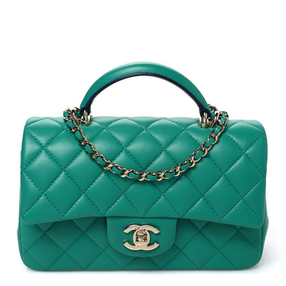 Chanel Lambskin Quilted Bi-Color Mini Top Handle Rectangular Flap Green Dark Blue 1 of 10