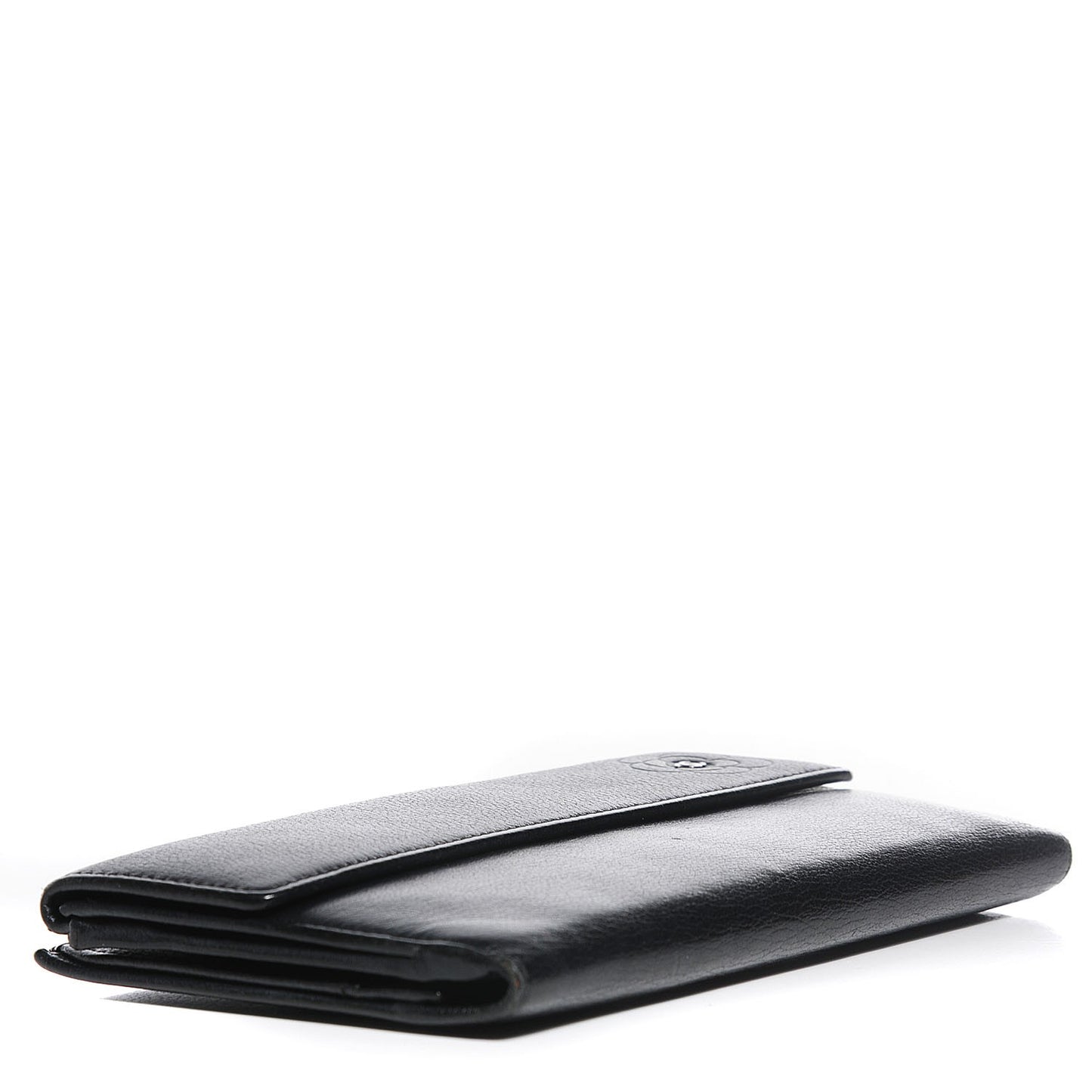 Goatskin Camellia Embossed Flap Wallet Black