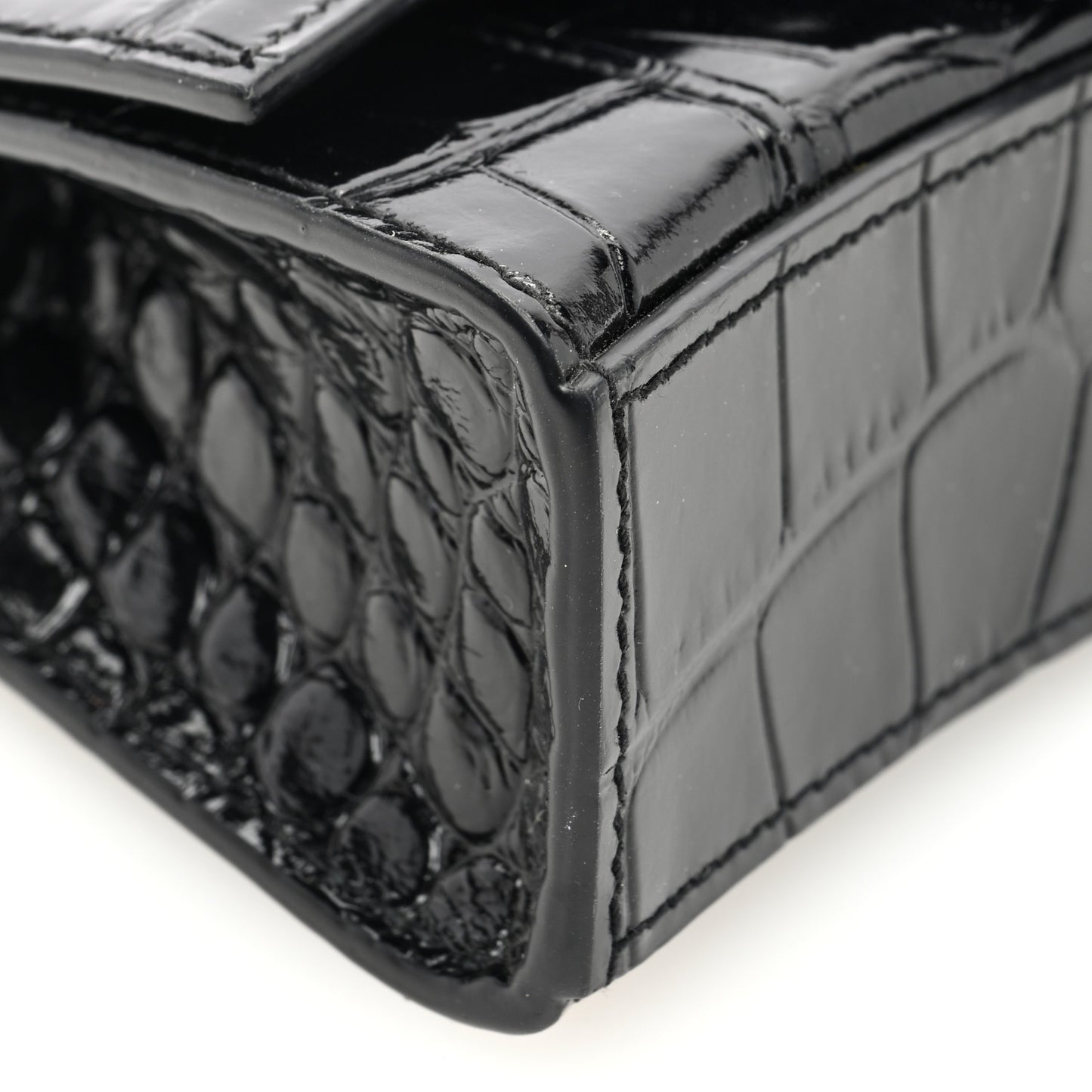 Shiny Calfskin Monochrome Crocodile Embossed Hourglass Top Handle Bag Mini Black