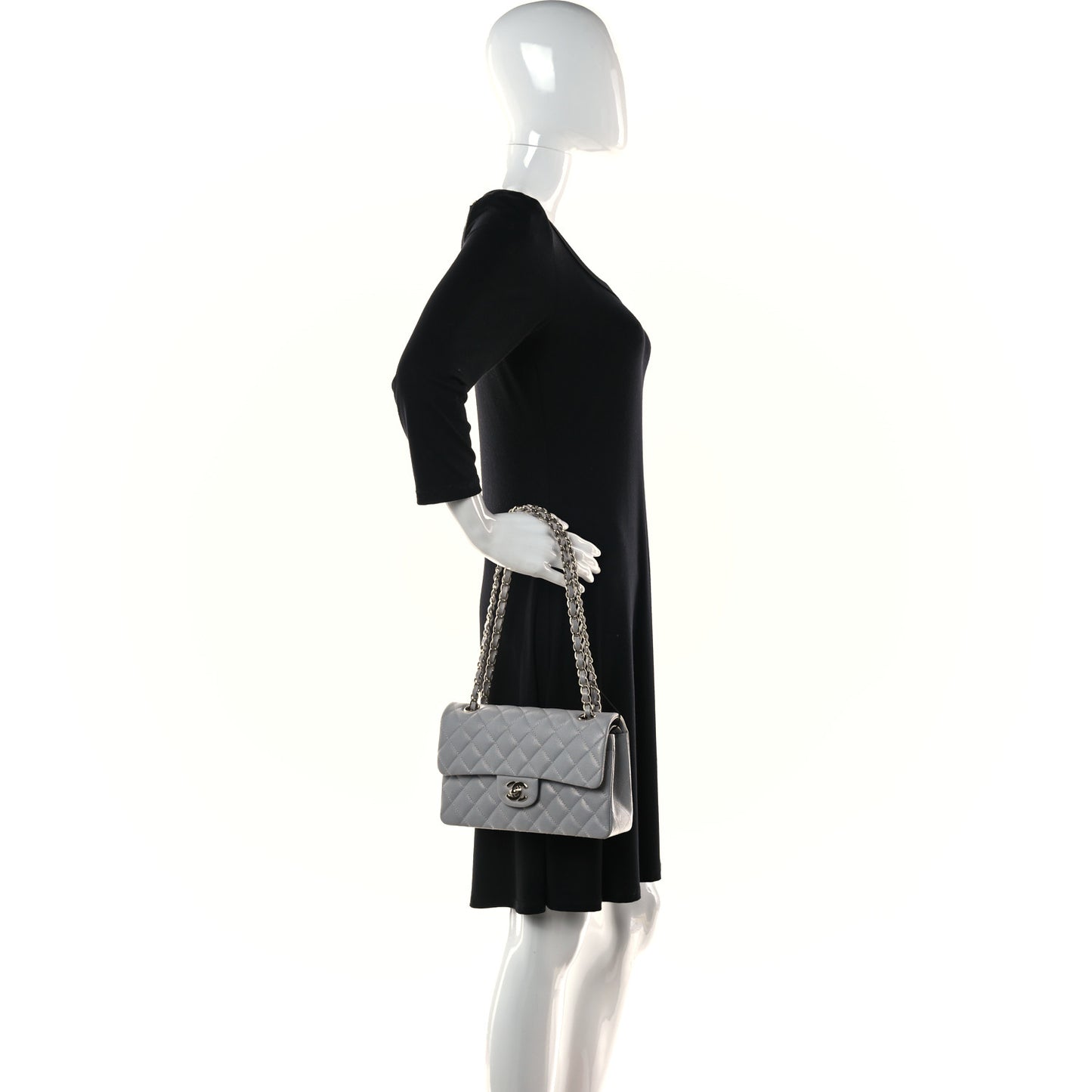 Caviar Quilted Small Double Flap Grey