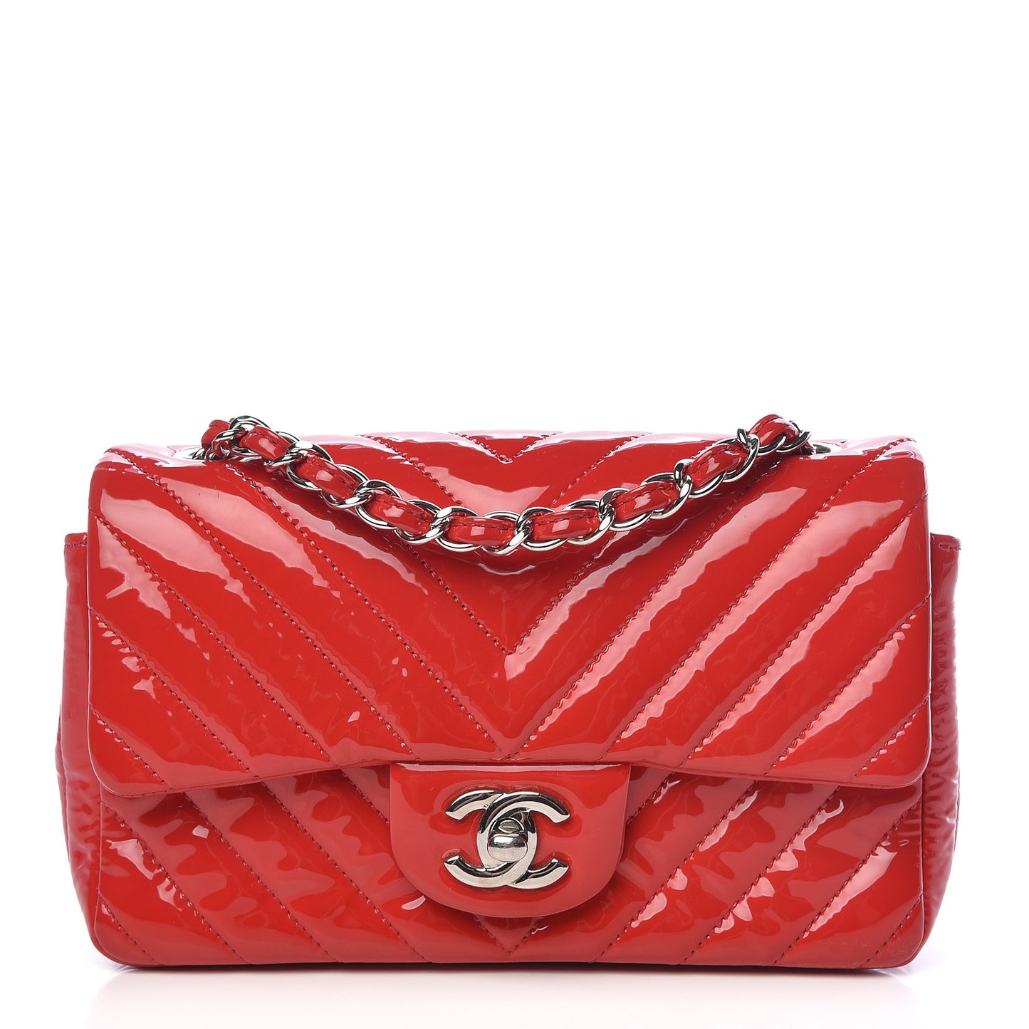 Patent Calfskin Chevron Quilted Mini Rectangular Flap Red