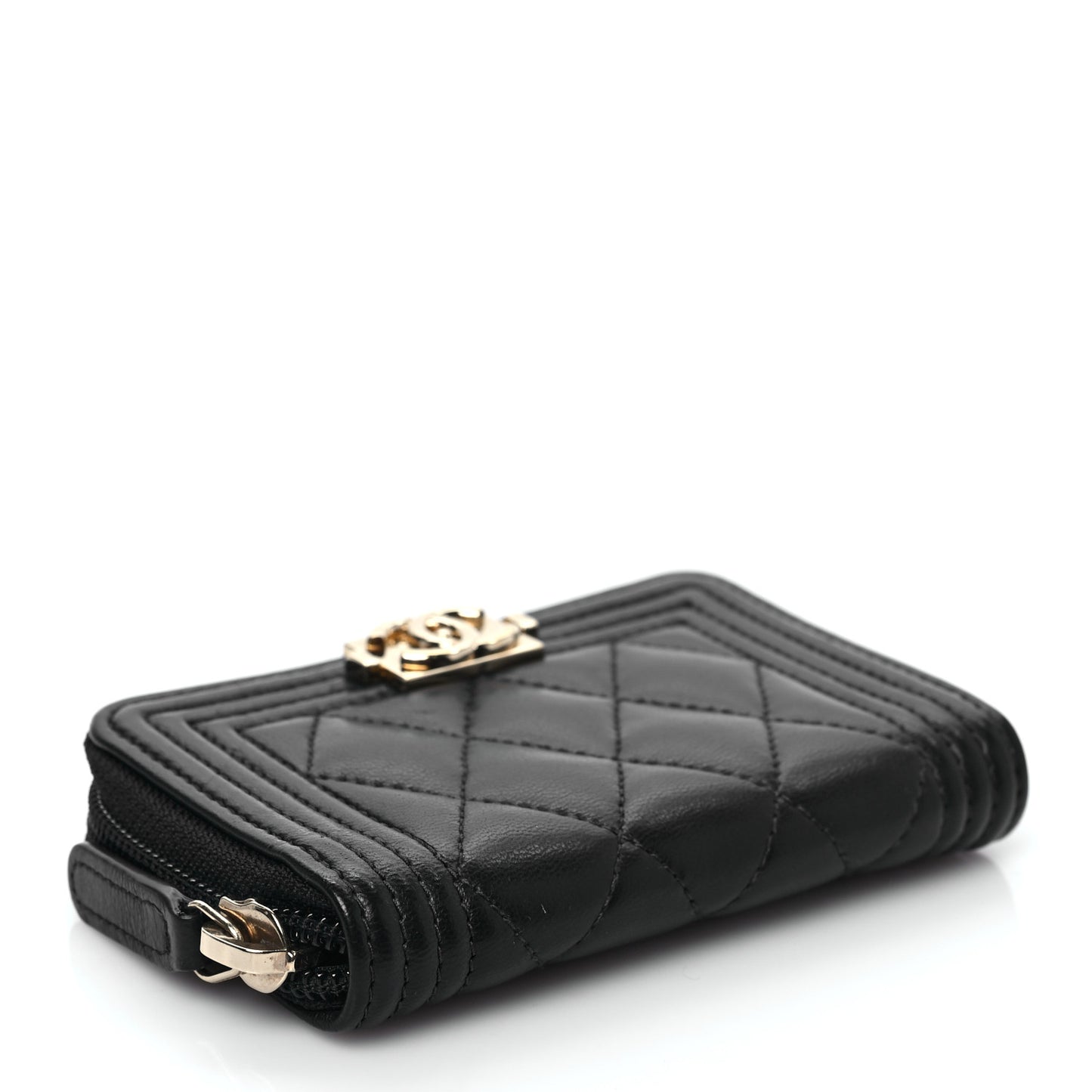 Lambskin Quilted Zip Around Boy Coin Purse Wallet Black