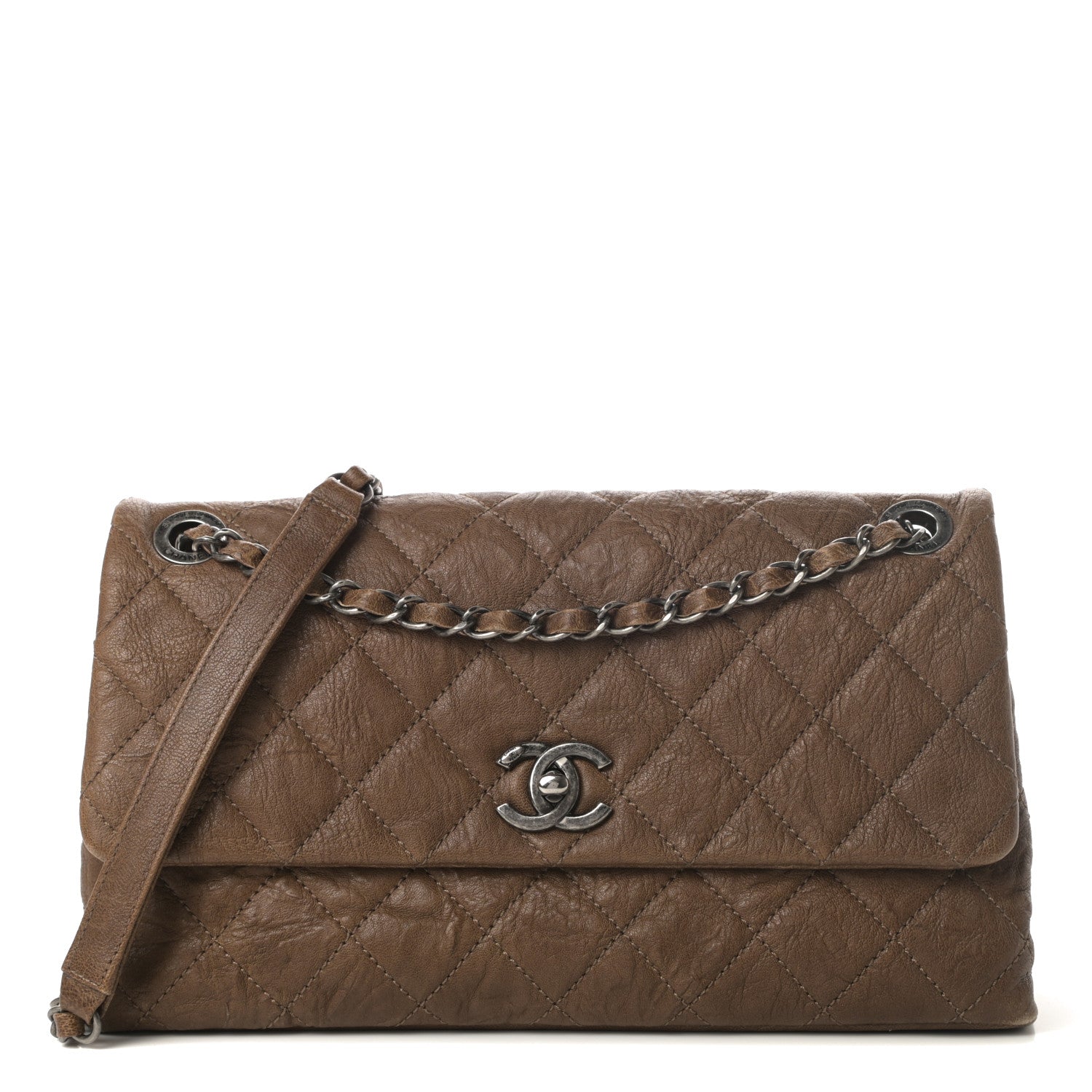 Chanel Crumpled Lambskin Quilted Medium Single Flap Khaki 1 of 13
