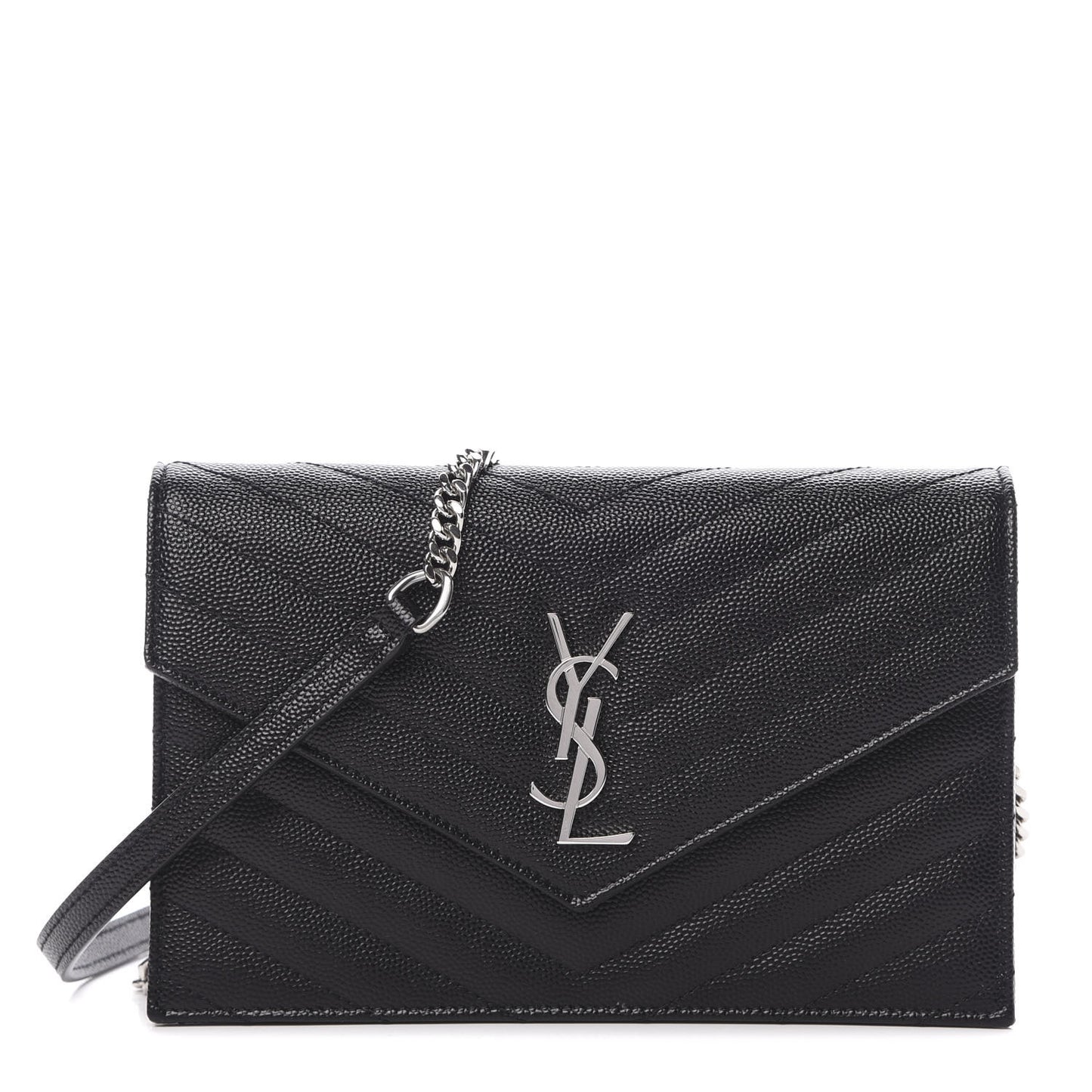 Grain De Poudre Matelasse Chevron Monogram Envelope Chain Wallet Black
