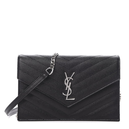 Saint Laurent Grain De Poudre Matelasse Chevron Monogram Envelope Chain Wallet Black 1 of 11