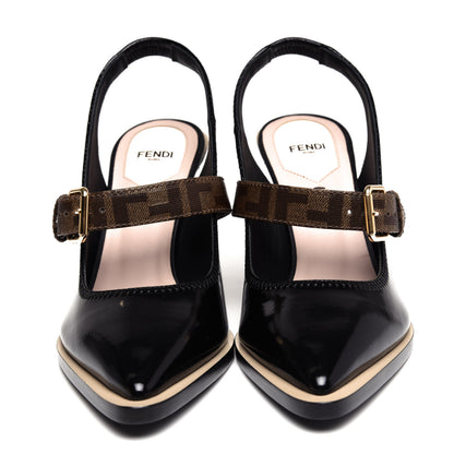 Fendi Glossy Neoprene Glazed Fabric FF FFrame Court Mary Jane Slingback Pumps 39 Black Tobacco Moro 5 of 9