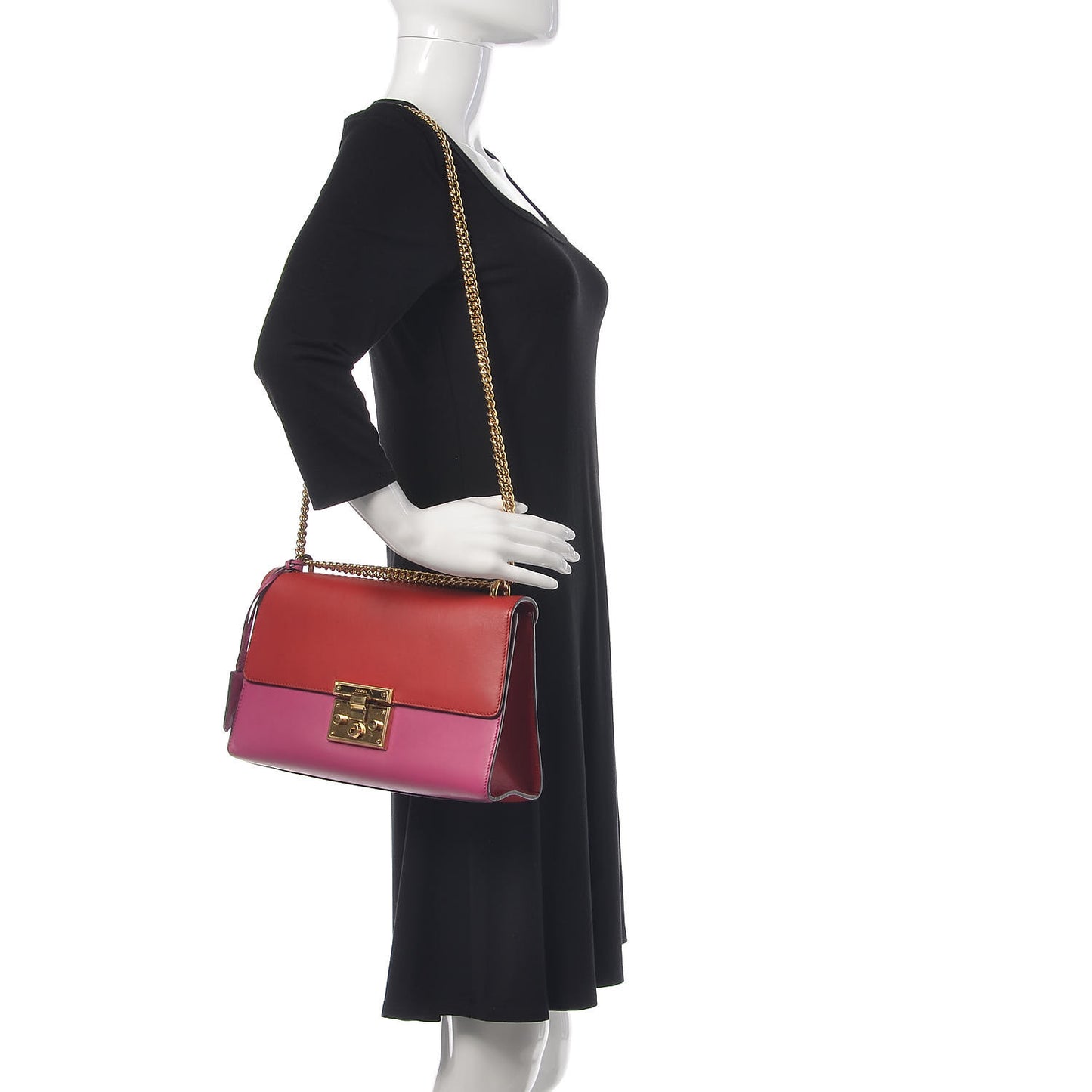 Moon Calfskin Bi-Color Medium Padlock Shoulder Bag New Rosette Hibiscus Red
