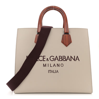Dolce & Gabbana Calfskin Wood Laser Cut Logo Large Edge Shopper Tote Beige Brown 1 of 14