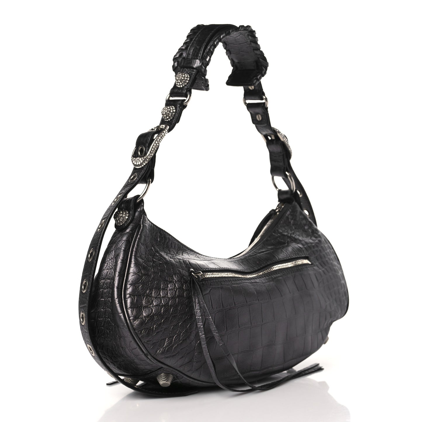 Metallic Calfskin Crocodile Embossed Crystal Small Le Cagole Shoulder Bag Gunmetal
