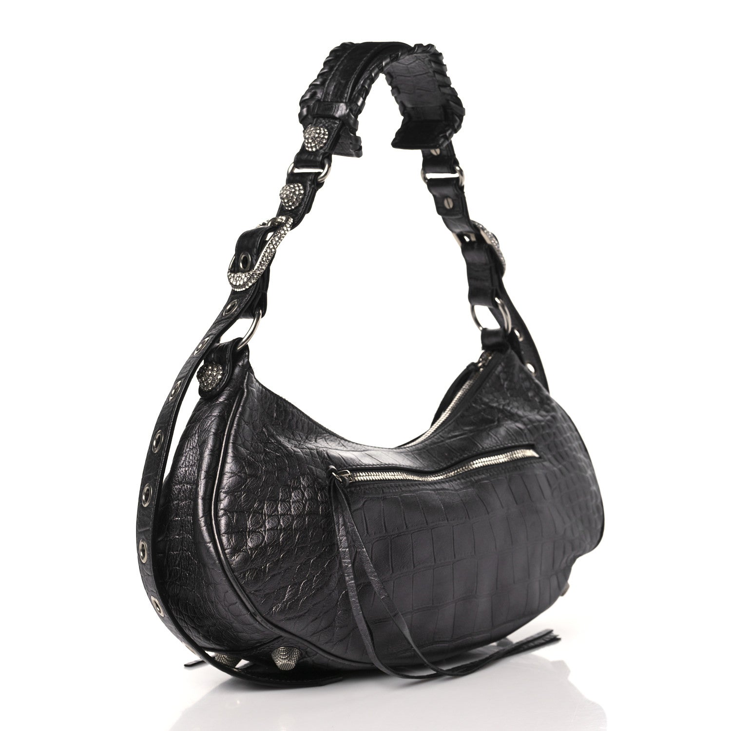 Balenciaga Metallic Calfskin Crocodile Embossed Crystal Small Le Cagole Shoulder Bag Gunmetal 3 of 9