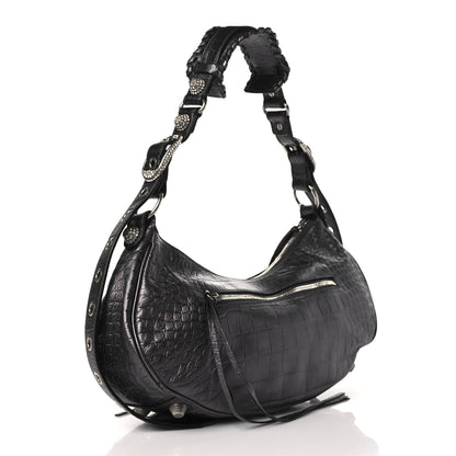 Balenciaga Metallic Calfskin Crocodile Embossed Crystal Small Le Cagole Shoulder Bag Gunmetal 3 of 9