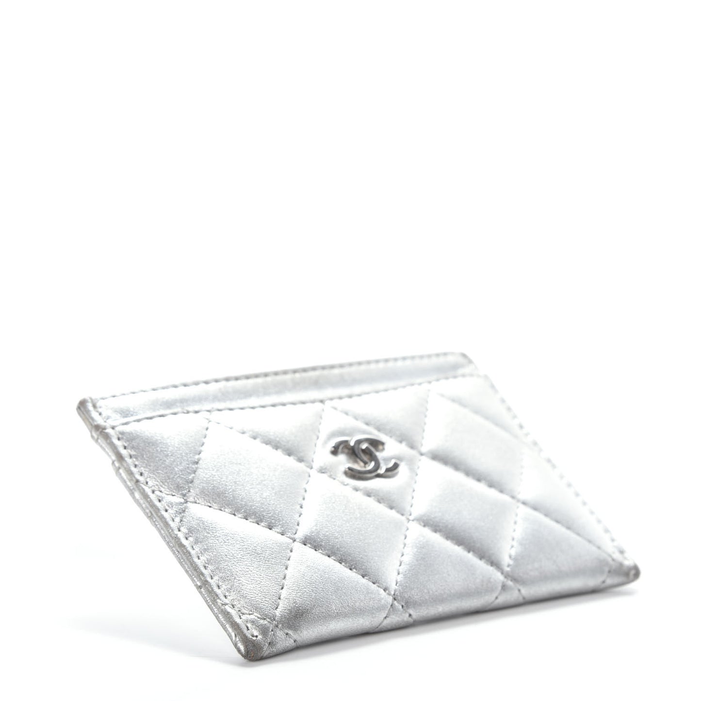 Metallic Lambskin Quilted CC Card Holder Silver
