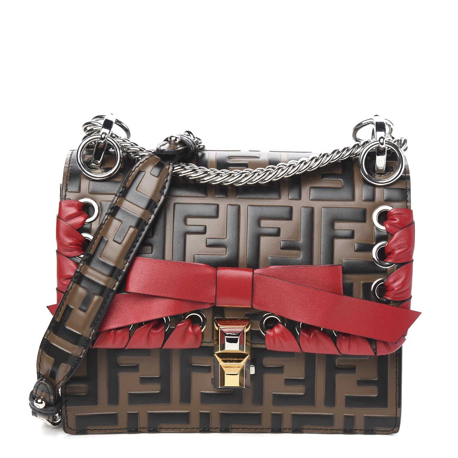 Fendi Vitello Shiny Nappa Bi-Color FF 1974 Lace Up Bow Embossed Small Kan I Shoulder Bag Maya Black Fragola 1 of 9
