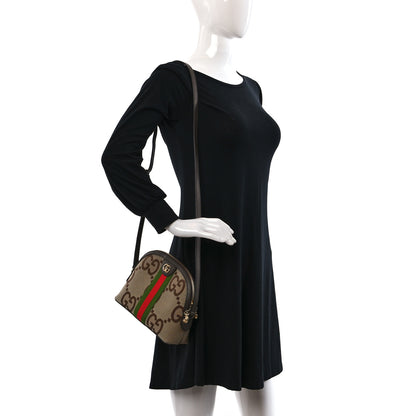 Gucci Monogram Jumbo GG Textured Dollar Calfskin Web Small Ophidia Dome Shoulder Bag Camel Ebony New Acero 2 of 9