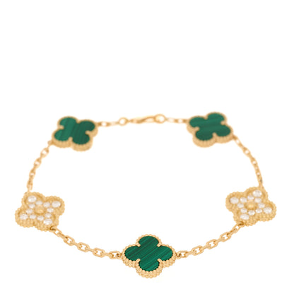 Van Cleef & Arpels 18K Yellow Gold Diamond Malachite 5 Motifs Vintage Alhambra Bracelet 1 of 4
