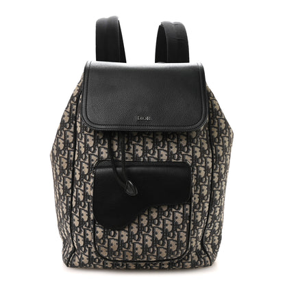 Christian Dior Oblique Jacquard Grained Calfskin Drawstring Saddle Backpack Beige Black 1 of 11