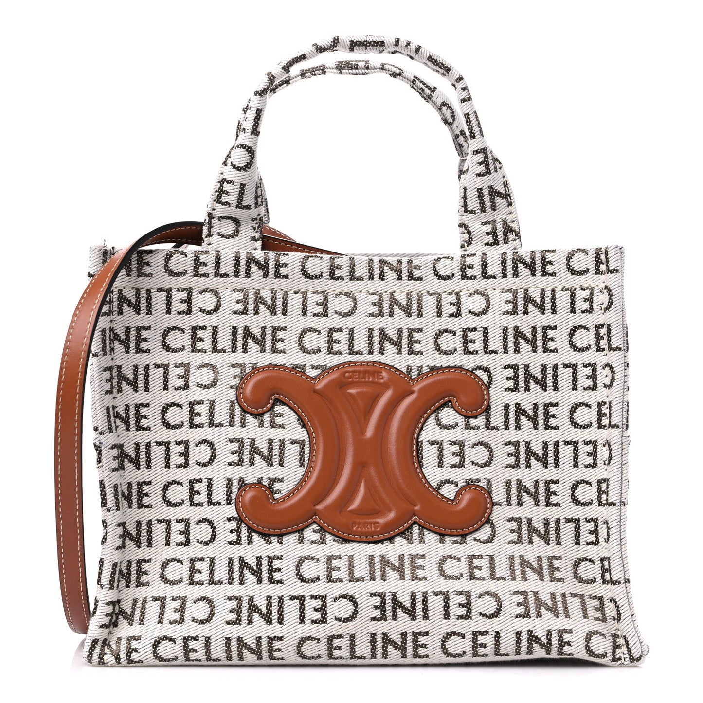 Canvas Calfskin All Over Print Small Cabas Thais White Tan