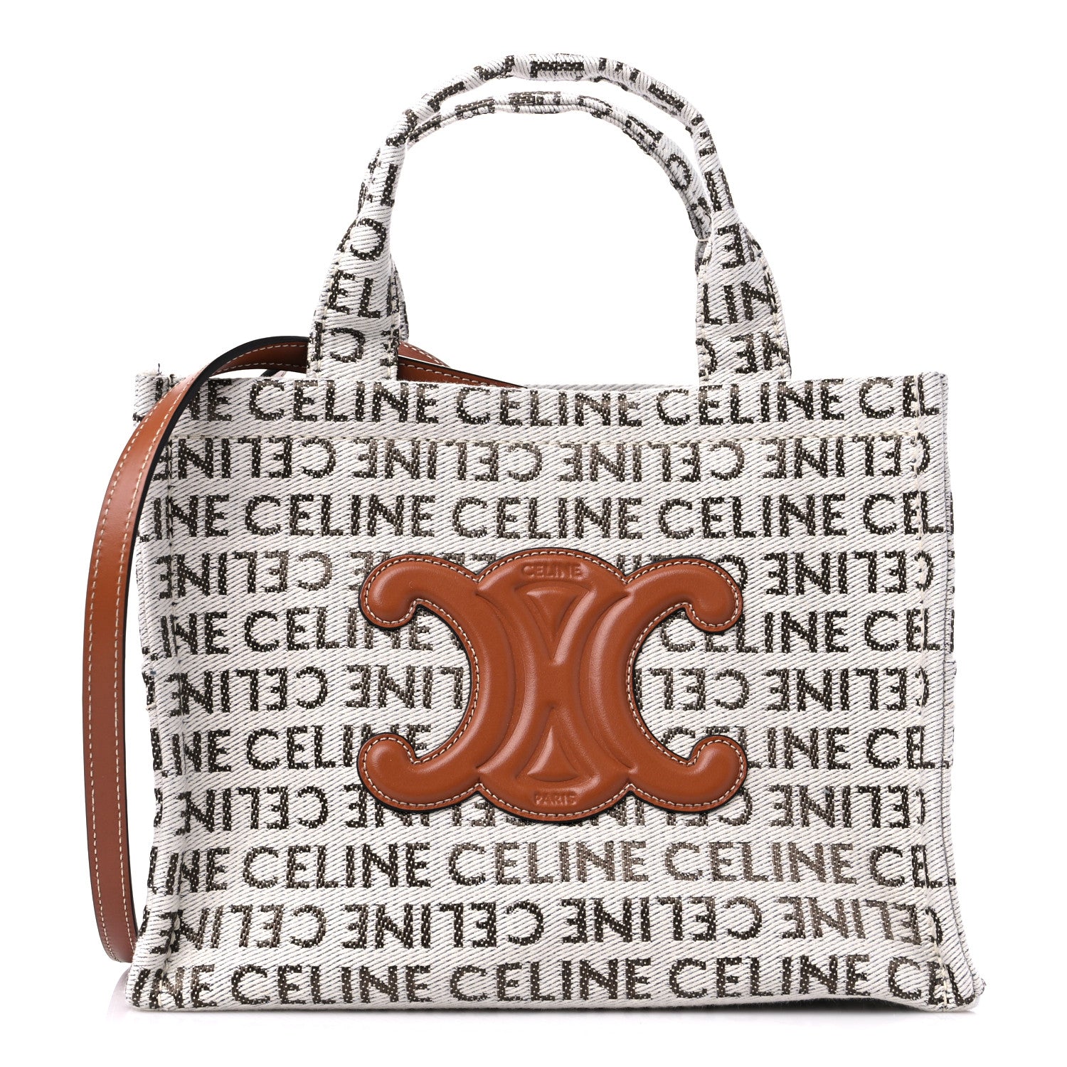 Celine Canvas Calfskin All Over Print Small Cabas Thais White Tan 1 of 9