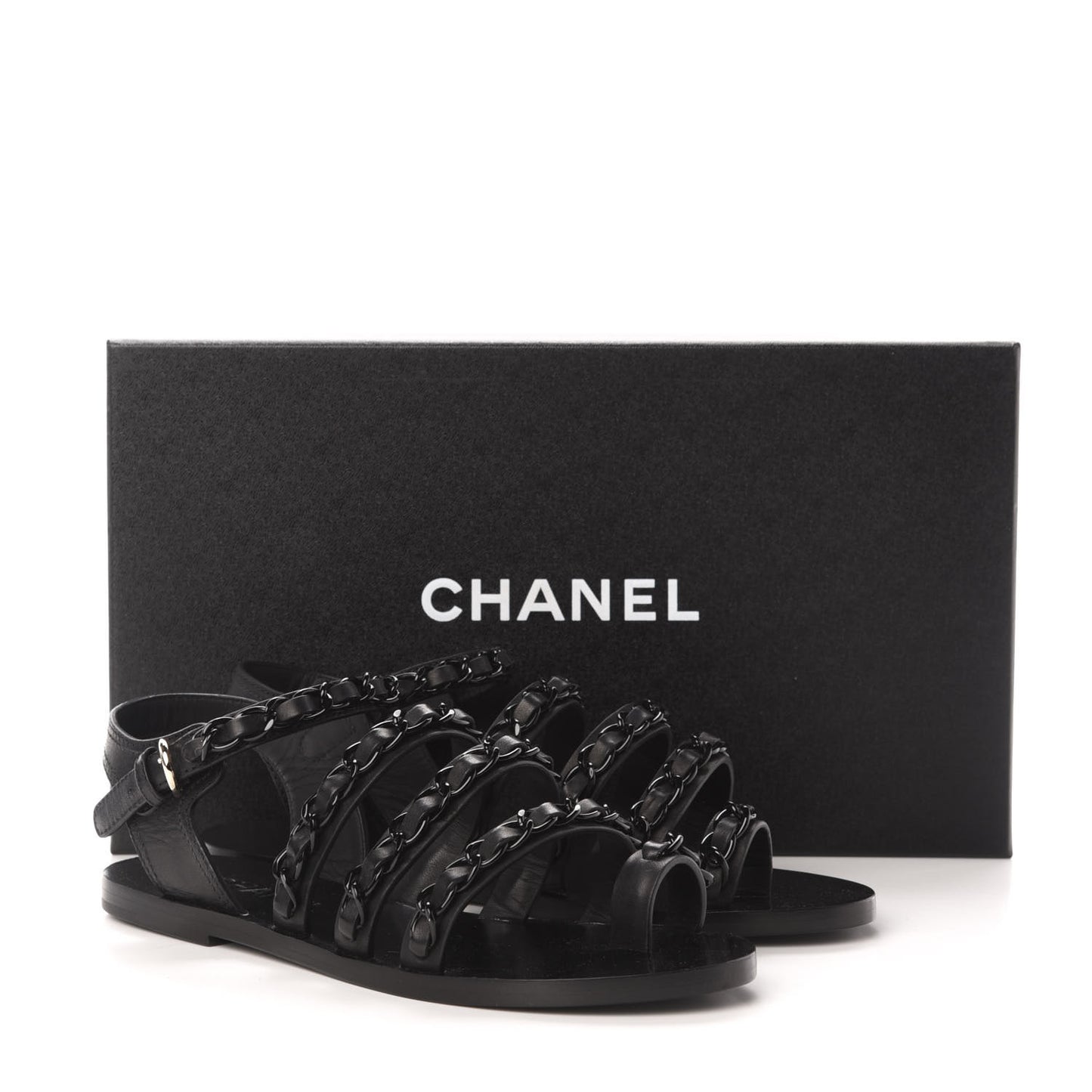 Calfskin Chain Flat Sandals 38 Black